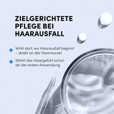 Weißer Hintergrund mit deutschem Text auf gezielter Haarausfall-Pflege. Mit Dr. Balwi Shampoo von Dr. Balwi Shop, Glastiegel, klarem Tropfer und zwei weißen Tabletten. Hebt die Wirkung auf die Haarwurzeln und das verbesserte Haarwachstum nach der ersten Anwendung hervor; fette Überschrift inklusive.