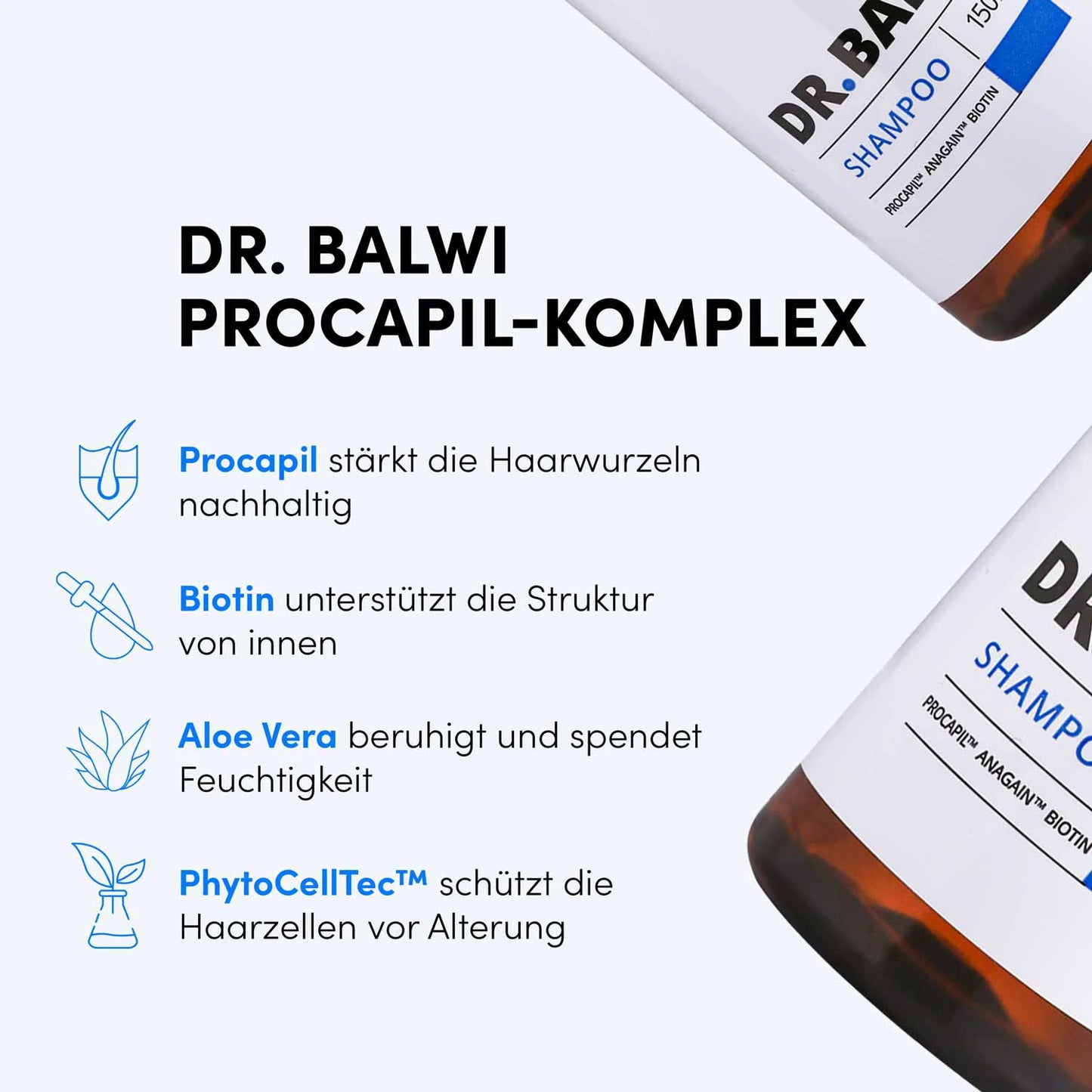 Infografik auf Deutsch über den Procapil-Komplex aus dem Dr. Balwi Shampoo von Dr. Balwi Shop - zeigt vier Wirkstoffe und ihre Vorteile für Haarwachstum, gesundes Haar und Kopfhaut.