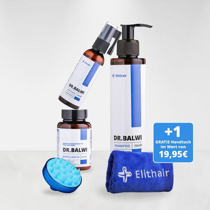 Die Anti-Haarausfall-Routine von Dr. Balwi Shop umfasst Shampoo, Spray, Nahrungsergänzungsmittel, Kopfhautmassagegerät und ein blaues Elithair-Handtuch. Ein Etikett weist auf das kostenlose Handtuchangebot im Wert von 19,95 € hin. Die Produkte werden auf einem hellen Hintergrund dargestellt.