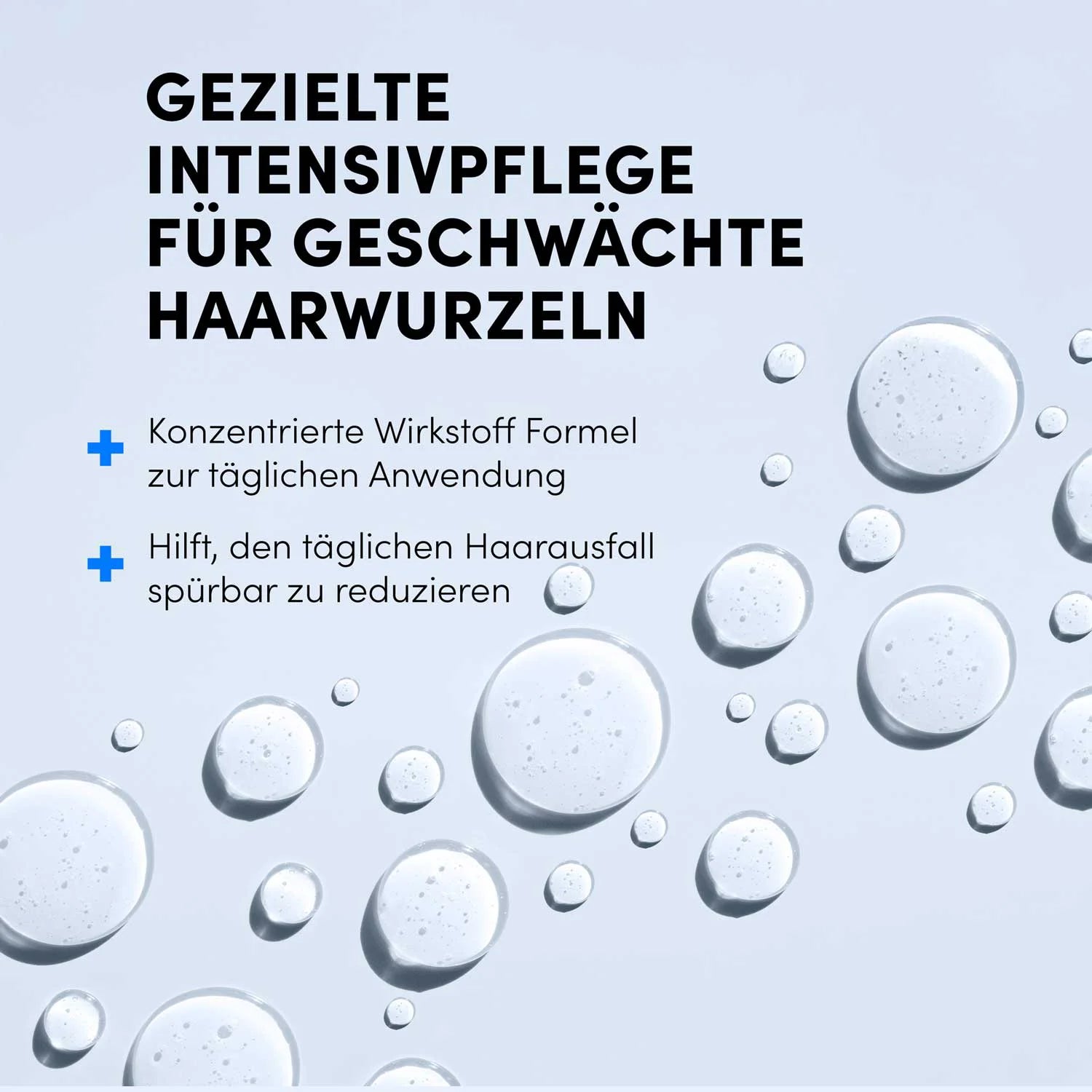 Illustration mit klaren Tropfen auf hellblauem Grund, fetter deutscher Text: Gezielte Intensivpflege für geschwächte Haarwurzeln. Aufzählungspunkte: Haarausfall reduzieren, Haarwachstum fördern, tägliche Anwendung mit dem Dr. Balwi Hair Boost Set von Dr. Balwi Shop.