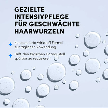 Illustration mit klaren Tropfen auf hellblauem Grund, fetter deutscher Text: Gezielte Intensivpflege für geschwächte Haarwurzeln. Aufzählungspunkte: Haarausfall reduzieren, Haarwachstum fördern, tägliche Anwendung mit dem Dr. Balwi Hair Boost Set von Dr. Balwi Shop.