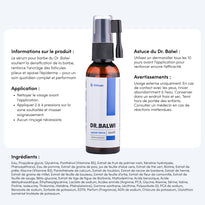 In der Mitte ist eine Flasche Dr. Balwi Beard Serum abgebildet. Der umlaufende Text in französischer Sprache enthält Produktinformationen, Anwendungshinweise, eine Liste der Inhaltsstoffe, eine Sicherheitswarnung und einen Tipp zur Verwendung mit einem Dermaroller.