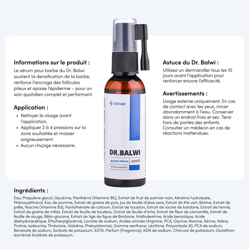 In der Mitte ist eine Flasche Dr. Balwi Beard Serum abgebildet. Der umlaufende Text in französischer Sprache enthält Produktinformationen, Anwendungshinweise, eine Liste der Inhaltsstoffe, eine Sicherheitswarnung und einen Tipp zur Verwendung mit einem Dermaroller.