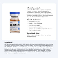 Ein Produktinformationsblatt für die Dr. Balwi-Haarkomplex-Mesotherapie. Es zeigt auf der linken Seite ein Fläschchen des Produkts und auf der rechten Seite Gebrauchsanweisungen, Inhaltsstoffe und Produktdetails auf Französisch.