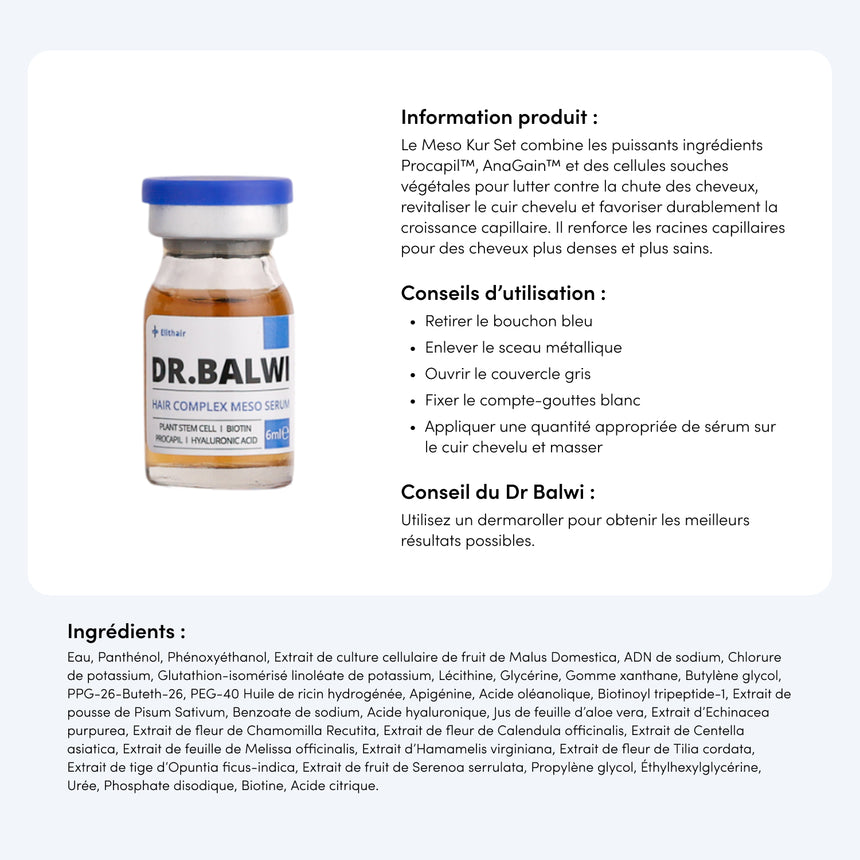 Ein Produktinformationsblatt für die Dr. Balwi-Haarkomplex-Mesotherapie. Es zeigt auf der linken Seite ein Fläschchen des Produkts und auf der rechten Seite Gebrauchsanweisungen, Inhaltsstoffe und Produktdetails auf Französisch.