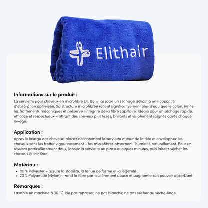 Ein blaues Mikrofaser Kopfhandtuch aus dem Dr. Balwi Shop, bestickt mit Elithair, ist aufgerollt. Nachfolgend finden Sie Angaben auf Französisch über die Verwendung, die Materialien Polyester und Polyamid sowie die Waschanleitung.