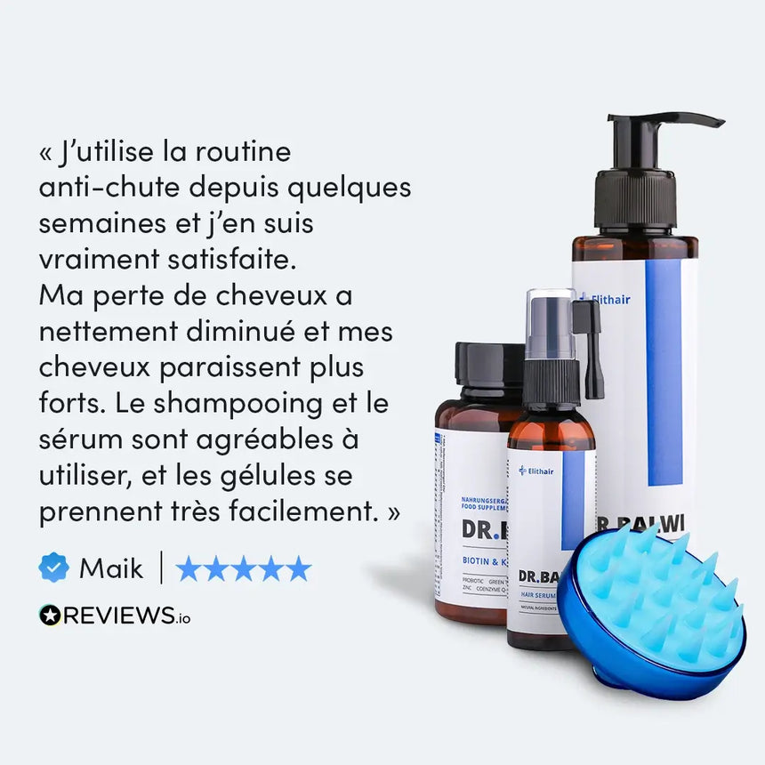 Erfahrungsbericht auf Französisch mit einer 5-Sterne-Bewertung, drei Haarpflegeprodukten der Marke Dr. Balwi, einem blauen Kopfhautmassagegerät und dem Logo von Reviews.io. Der Rezensent lobt die Wirksamkeit der Anti-Haarausfall-Routinen.