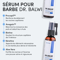 Eine Grafik mit zwei Flaschen Dr. Balwi Beard Serum und einer Liste der Inhaltsstoffe mit Vorteilen: Procapil, Anagain, Biotin, Keratin, Aloe Vera, die alle das Bartwachstum und die Haarstärke unterstützen.