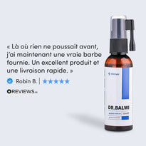 Eine Flasche Dr. Balwi Bartserum von Elithair wird neben einer französischen Kundenrezension gezeigt, in der die Wirksamkeit des Produkts und die schnelle Lieferung gelobt werden. Die Rezension enthält eine Fünf-Sterne-Bewertung und das Reviews.io-Logo.