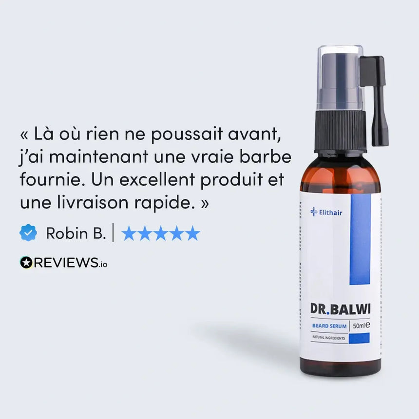 Eine Flasche Dr. Balwi Bartserum von Elithair wird neben einer französischen Kundenrezension gezeigt, in der die Wirksamkeit des Produkts und die schnelle Lieferung gelobt werden. Die Rezension enthält eine Fünf-Sterne-Bewertung und das Reviews.io-Logo.