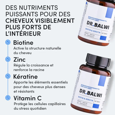 Bild dun flacon de compléments alimentaires Dr. Balwi avec texte : "Starke Nährstoffe für sichtbar kräftige Kälber". Liste der Vorteile von Biotin, Zink, Kratin und Vitamin C für Kälber.