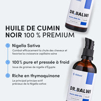Eine Flasche mit der Aufschrift DR. BALWI Schwarzkümmelöl befindet sich auf einem weißen Hintergrund. Der französische Text hebt das Produkt als 100% reines Schwarzkümmelöl hervor, das kaltgepresst wird, reich an Thymochinon ist und das Haarwachstum fördert.