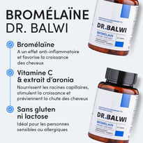 Abgebildet sind zwei Flaschen Dr. Balwi Bromelain Tabletten. Text hebt Vorteile hervor: entzündungshemmende Wirkung, unterstützt das Haarwachstum, enthält Vitamin C und Aronia, gluten- und laktosefrei, für empfindliche oder allergische Menschen geeignet.