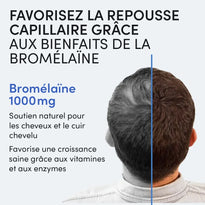 Blick von hinten auf einen braunen Mann in einem hellen Hemd, der seinen Bauch zeigt, mit französischem Text, der die Vorteile von Bromelain 1000 mg für die Kopfhautregeneration und die Gesundheit des Kopfes anpreist.
