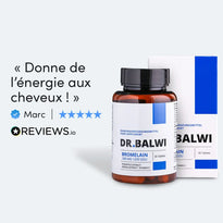 Eine Flasche und eine Schachtel von DR. BALWI Bromelain Nahrungsergänzungsmittel sind mit einer 5-Sterne-Kundenbewertung und dem Text Donne de l'énergie aux cheveux! auf einem hellen Hintergrund abgebildet.