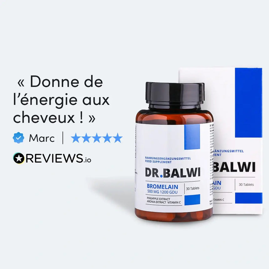Eine Flasche und eine Schachtel von DR. BALWI Bromelain Nahrungsergänzungsmittel sind mit einer 5-Sterne-Kundenbewertung und dem Text Donne de l'énergie aux cheveux! auf einem hellen Hintergrund abgebildet.