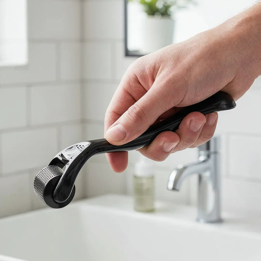 Eine Hand hält einen schwarzen Dermaroller mit Mikronadeln aus Metall über einem weißen Waschbecken, mit einem Wasserhahn und einer verschwommenen Flasche im Hintergrund.