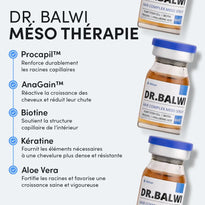 Drei Fläschchen mit der Aufschrift DR. BALWI sind neben einem französischen Text abgebildet, der die Vorteile der Inhaltsstoffe auflistet: Procapil, AnaGain, Biotin, Keratin und Aloe Vera, die alle das Wachstum und die Stärkung der Haare fördern.