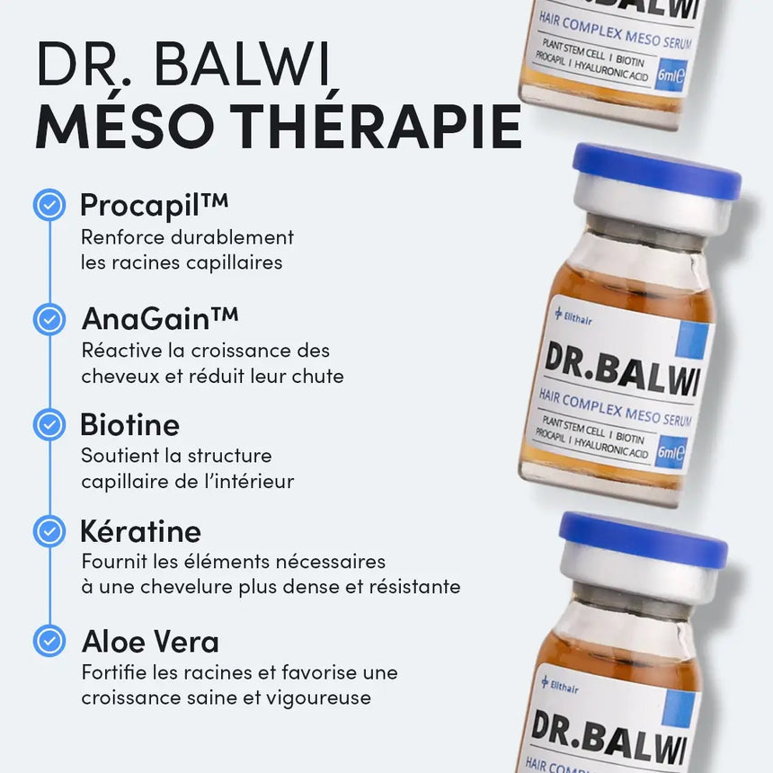 Drei Fläschchen mit der Aufschrift DR. BALWI sind neben einem französischen Text abgebildet, der die Vorteile der Inhaltsstoffe auflistet: Procapil, AnaGain, Biotin, Keratin und Aloe Vera, die alle das Wachstum und die Stärkung der Haare fördern.