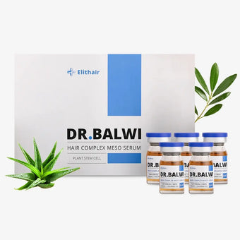 Eine Schachtel mit der Aufschrift Dr. Balwi Meso Therapie (Refill) von Dr. Balwi Shop, mit fünf kleinen Serumfläschchen, grünen Pflanzenblättern und Aloe Vera auf weißem Hintergrund - ideal zur Vorbeugung von Haarausfall und zur Stimulierung des Haarwachstums.