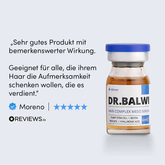 Eine Flasche Dr. Balwi Meso Therapie (Nachfüllpackung) aus dem Dr. Balwi Shop ist neben einer deutschen Rezension abgebildet, die die Wirksamkeit von Dr. Balwi Meso Therapie (Nachfüllpackung) zur Stimulierung des Haarwachstums lobt, mit einer Fünf-Sterne-Bewertung und dem Logo von Reviews.io.