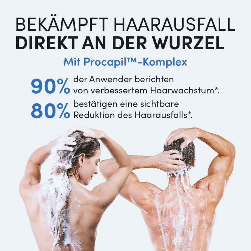Ein Mann und eine Frau waschen sich die Haare. Im Text heißt es, dass die Dr. Balwi Meso Therapie (Nachfüllpackung) aus dem Dr. Balwi Shop mit Procapil™-Komplex Haarausfall vorbeugt, das Wachstum anregt und für sichtbar volleres Haar sorgt.
