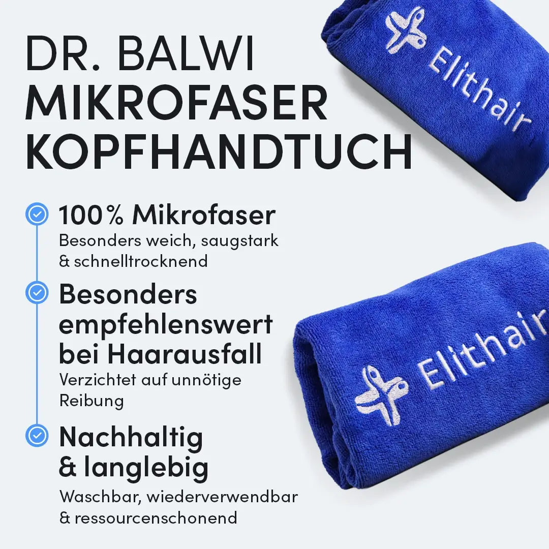 Ein blaues Mikrofaser-Kopfhandtuch aus dem Dr. Balwi Shop mit weißer "Elithair"-Stickerei, bekannt für seine Weichheit, Saugfähigkeit, Umweltfreundlichkeit, Haltbarkeit und Eignung bei Haarausfall.