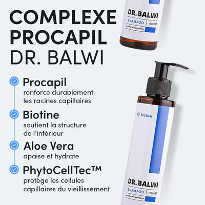 Werbebild für das Dr. Balwi Shampoo, das die wichtigsten Inhaltsstoffe hervorhebt: Procapil für die Stärkung der Haarwurzeln, Biotin für die Struktur, Aloe Vera für die Hydratation und PhytoCellTec zum Schutz der Haarzellen. Abgebildet sind Flaschen mit Shampoo.