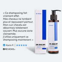 Eine Flasche DR. BALWI Shampoo steht neben der Schachtel. Eine französische Kundenrezension daneben lobt das Produkt, weil es den Haarausfall reduziert und die Kopfhaut besser abdeckt. Fünf Sterne und der Name Karin F. stehen darunter.