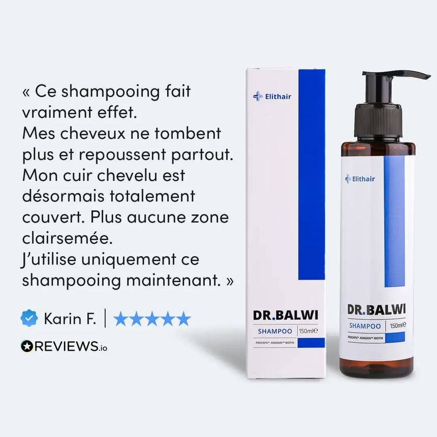 Eine Flasche DR. BALWI Shampoo steht neben der Schachtel. Eine französische Kundenrezension daneben lobt das Produkt, weil es den Haarausfall reduziert und die Kopfhaut besser abdeckt. Fünf Sterne und der Name Karin F. stehen darunter.