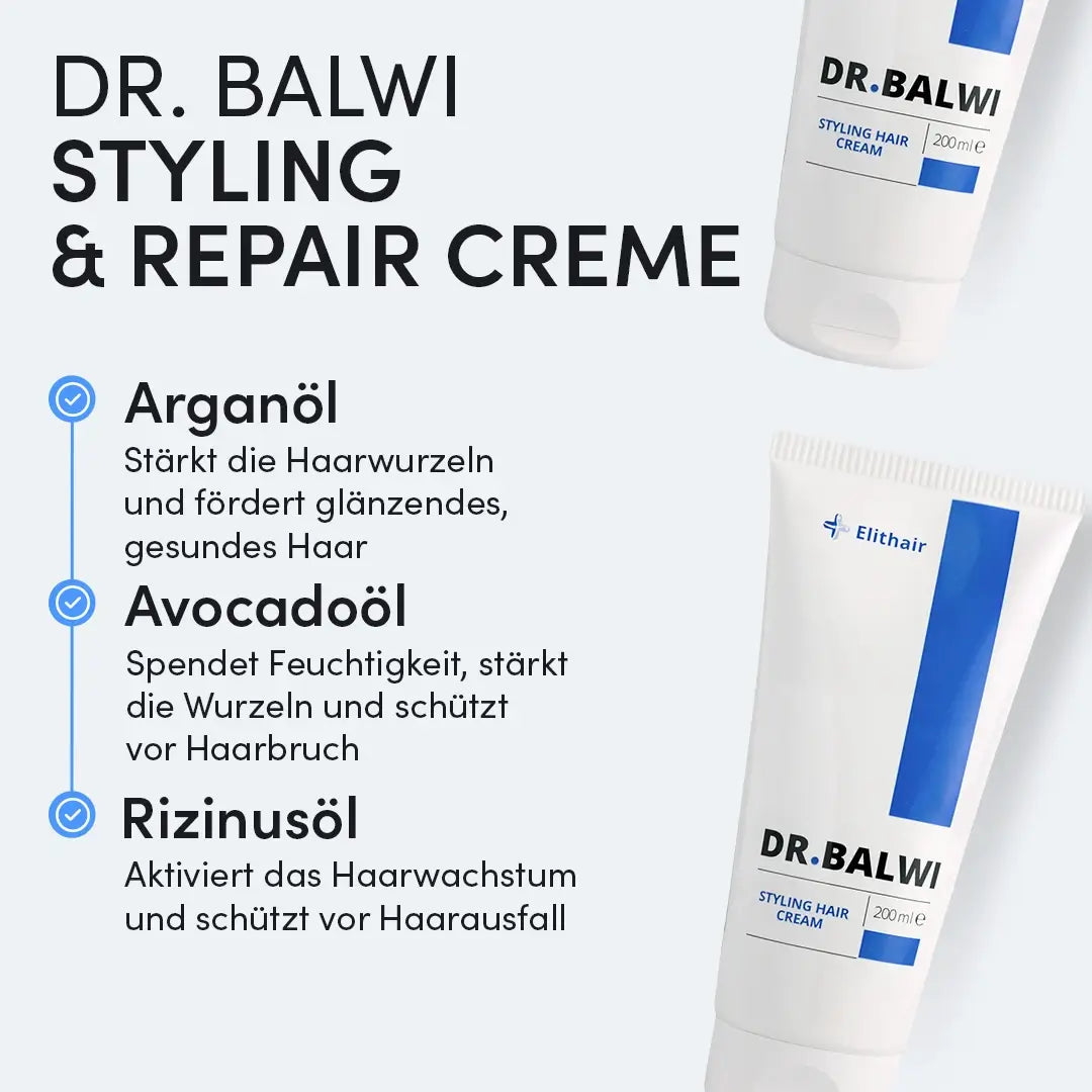 Ein Werbebild für die Dr. Balwi Styling & Repair Creme aus dem Dr. Balwi Shop, die mit Arganöl und Avocadoöl für geschmeidiges Haar, Feuchtigkeit, gesunden Glanz, Haarwachstum und Schutz vor Haarausfall und Haarbruch sorgt.