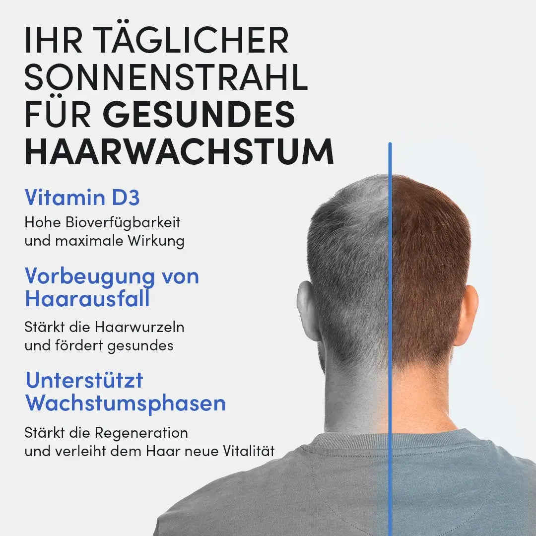 Ein Mann mit Halbglatze - daneben: Dr. Balwi Shop Vitamin D 1000 IE für gesundes Haarwachstum. Jetzt Vitamin D Tropfen gegen Haarausfall und Vitamin-D-Mangel entdecken!.