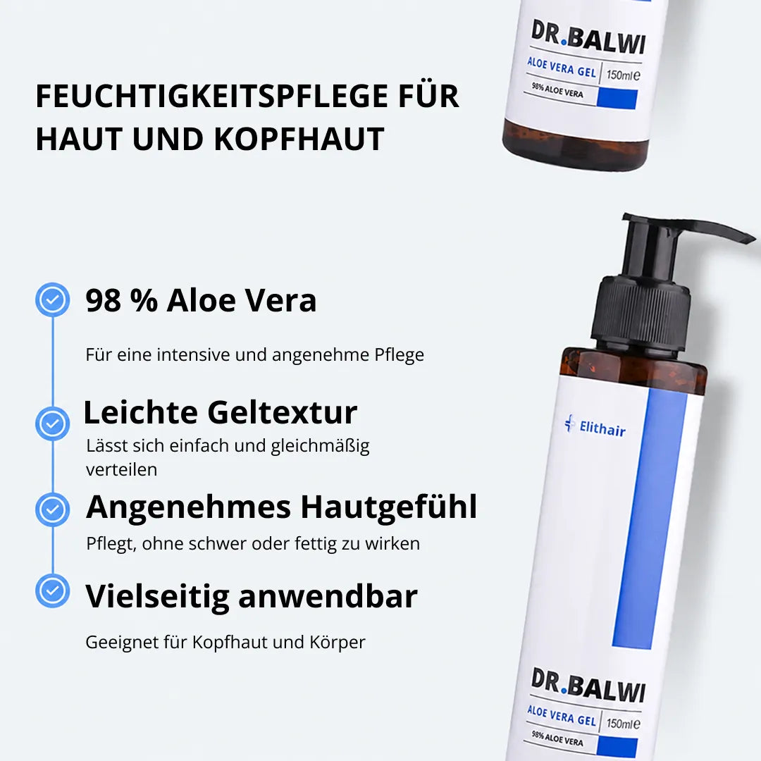 Eine Flasche „Dr. Balwi 98 % Aloe Vera“ aus dem Dr. Balwi Shop mit Pumpspender wird neben einem deutschen Text präsentiert, der Eigenschaften wie den 98-prozentigen Aloe-Vera-Anteil, eine leichte Geltextur, hautberuhigende Eigenschaften und die vielseitige Anwendbarkeit sowohl für die Haut als auch für die Kopfhaut – wodurch es sich ideal für die feuchtigkeitsspendende Haarpflege und die Kopfhautpflege eignet.