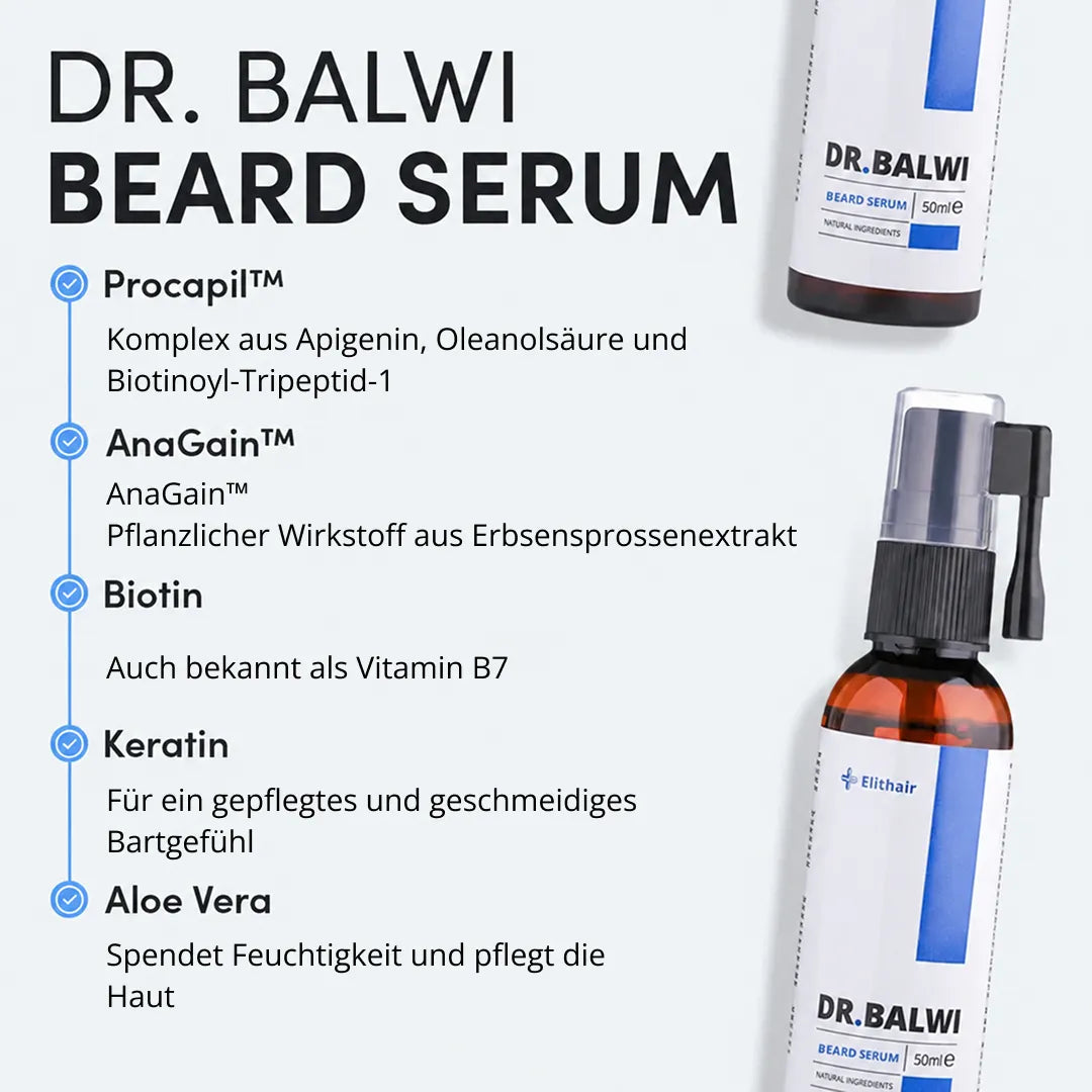 Hier ist Ihr überarbeiteter Satz unter Verwendung der bereitgestellten Produktdaten: Abbildung der Flasche mit dem Dr. Balwi Bartserum von Dr. Balwi Shop neben einer Liste der Hauptinhaltsstoffe – Procapil, AnaGain, Biotin, Keratin und Aloe Vera –, wobei deren Vorteile für die Bartpflege hervorgehoben werden: Förderung eines gesunden Bartwachstums, Stärkung der Haare, Förderung des Wachstums und Feuchtigkeitsversorgung für ein gepflegtes Erscheinungsbild.