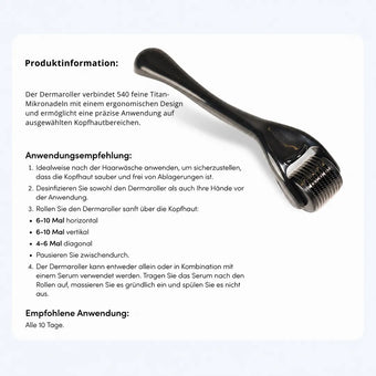 Ein schwarzer Dr. Balwi Dermaroller mit feinen Nadeln aus dem Dr. Balwi Shop liegt auf einer weißen Unterlage. Ein deutscher Text enthält Produktinformationen, Anwendungsempfehlungen sowie Anweisungen zur Anwendung des Dermarollers auf der Kopfhaut, um das Haarwachstum durch Mikronadelung zu fördern.