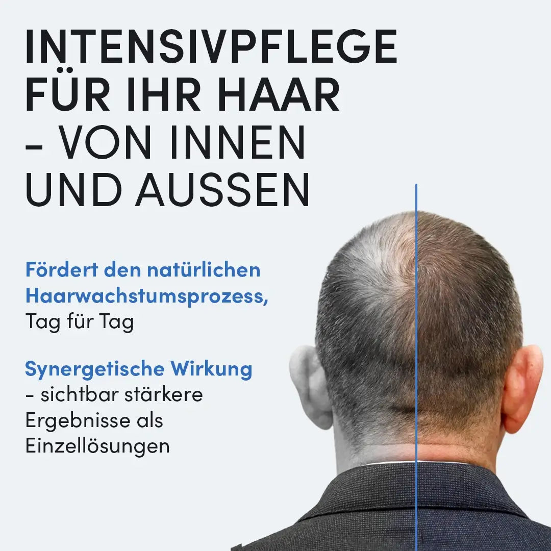 Ein Mann mit schütterem Haar in der Rückenansicht steht neben einem Text, der für die Anti-Haarausfall-Routine von Dr. Balwi Shop wirbt, die intensive Pflege von innen und außen für sichtbare Ergebnisse und verbessertes Haarwachstum unterstützt.