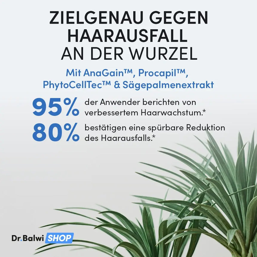 Eine Werbegrafik mit dem Text "ZIELGENAU GEGEN HAARAUSFALL AN DER WURZEL", Prozentangaben zu Haarwachstum und Haarausfallreduzierung, einer grünen Pflanze und dem Produktnamen "Anti Hair Loss Routine" von Dr. Balwi Shop in der Ecke.