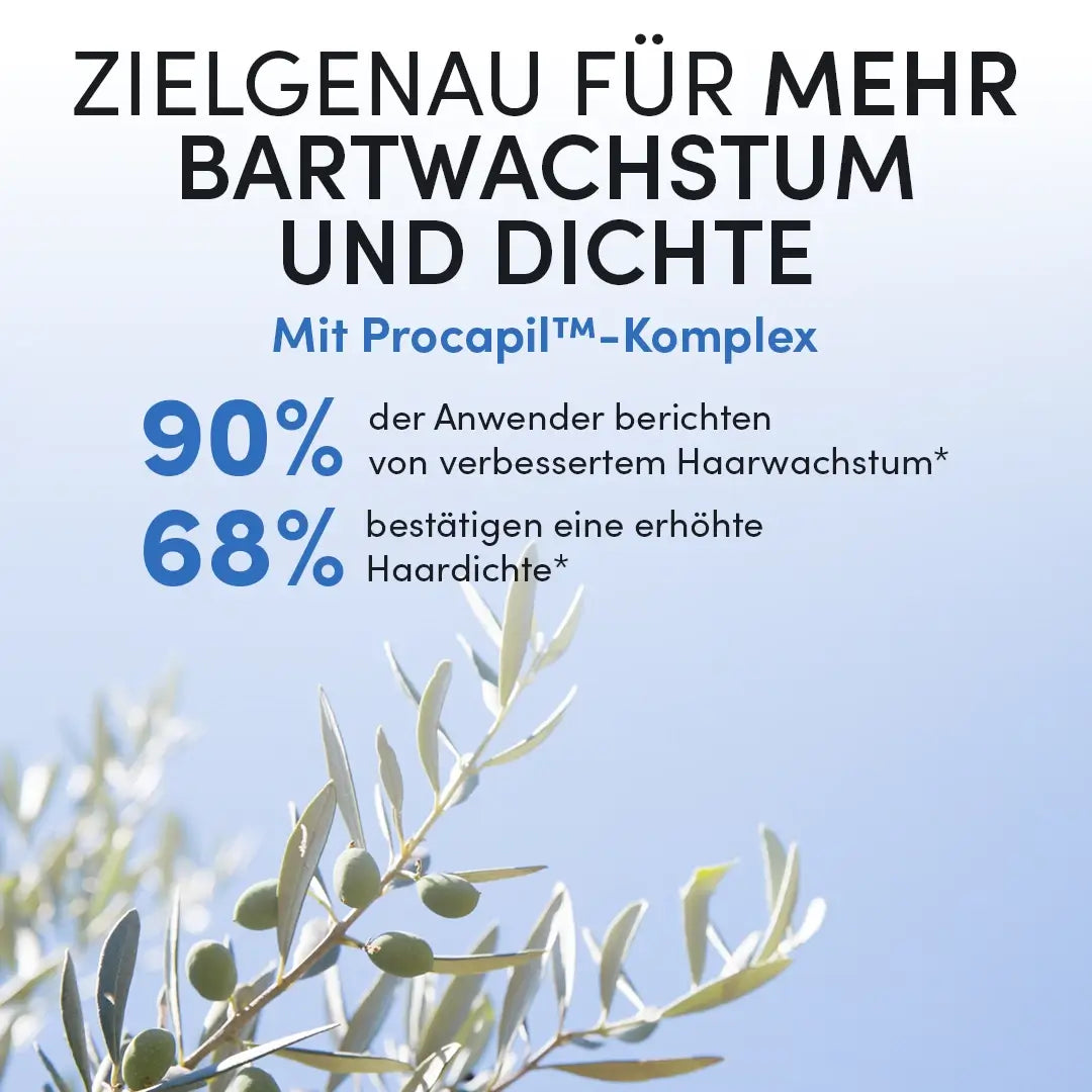 Werbegrafik mit Olivenzweig und Text: Dr. Balwi Beard Serum - 90% berichten von verbessertem Bartwachstum, 68% bestätigen dichteren Bart. Mit Procapil-Komplex. Exklusiv bei Dr. Balwi Shop.