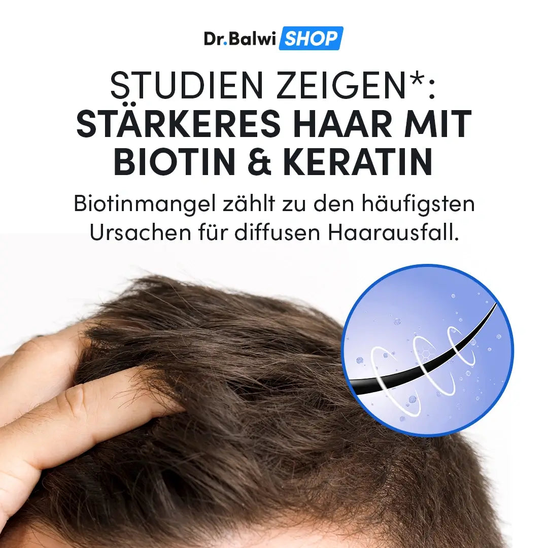 Eine Person berührt ihr Haar; daneben zeigt eine Illustration eine glänzende Strähne in Nahaufnahme. Der Text hebt die Dr. Balwi Shop Biotin & Keratin Tabletten für stärkeres Haarwachstum hervor und weist darauf hin, dass Biotinmangel zu Haarausfall führen kann.