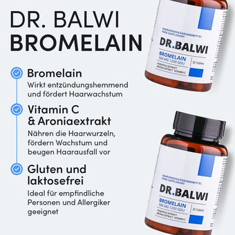 Das Bild zeigt zwei Flaschen Bromelain von Dr. Balwi Shop, das entzündungshemmend wirkt, Haarwachstum und Haarausfall unterstützt, Vitamin C und Ananasextrakt enthält und gluten- und laktosefrei ist - ideal für empfindliche Personen.