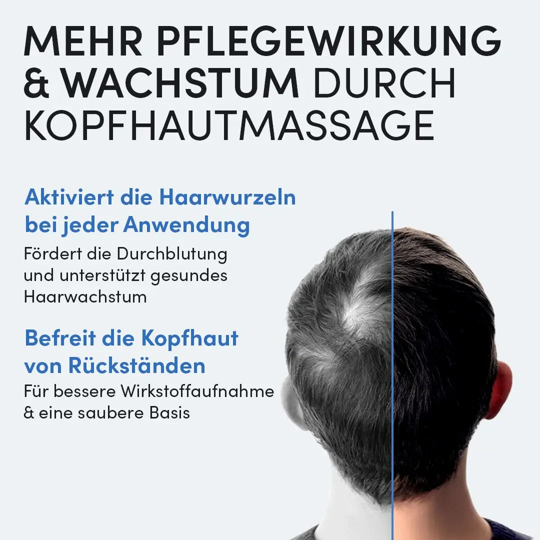 Ein Mann mit kurzrasiertem Haar von hinten, daneben Text: Die Dr. Balwi Massagebürste vom Dr. Balwi Shop fördert Haarwachstum, pflegt intensiv, aktiviert Haarwurzeln und reinigt die Kopfhaut effektiv von Rückständen.