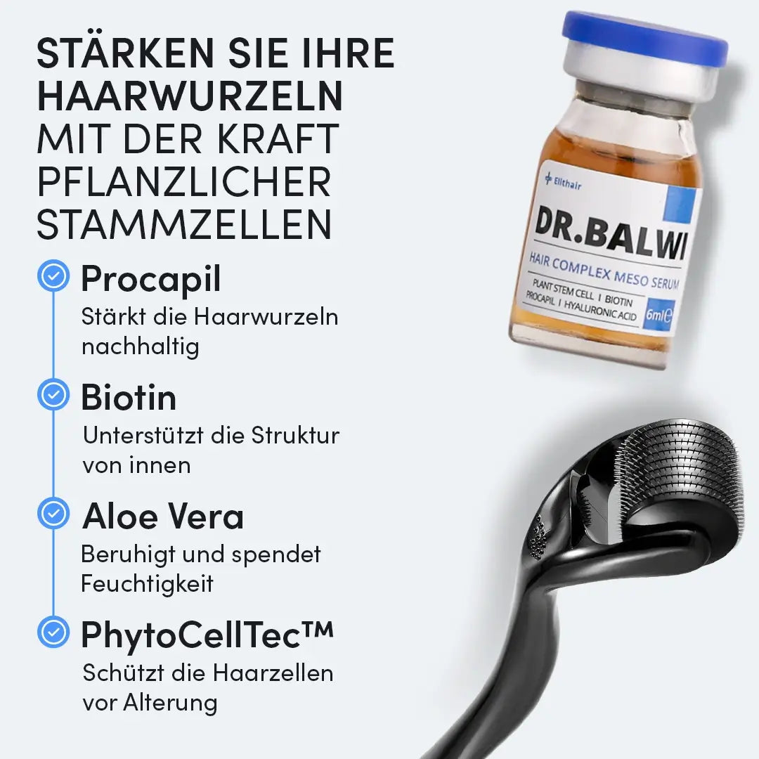 Ein Fläschchen des Dr. Balwi Meso Therapie Sets steht neben einem Dermaroller, ideal zum Microneedling und zur Förderung des Haarwachstums mit Procapil, Biotin, Aloe Vera und PhytoCellTec - Stärkung der Wurzeln durch pflanzliche Stammzellenpower aus dem Dr. Balwi Shop.