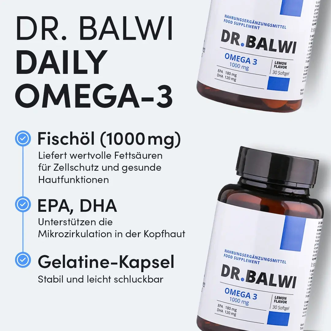 Abgebildet ist eine Flasche Dr. Balwi Shop Daily Omega 3 mit 1000 mg Fischöl mit EPA und DHA zur Unterstützung der Durchblutung der Kopfhaut, zur Förderung des Haarwachstums und zur Reduzierung des Haarausfalls in stabilen, leicht zu schluckenden Gelatinekapseln.