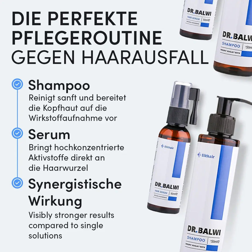Infografik zum Dr. Balwi Shop Shampoo & Spray Set mit deutschem Text: Hilft gegen Haarausfall, ideal für die Haartransplantation Nachsorge durch Reinigung der Kopfhaut, Abgabe von Wirkstoffen und Zusammenwirken für optimale Ergebnisse.