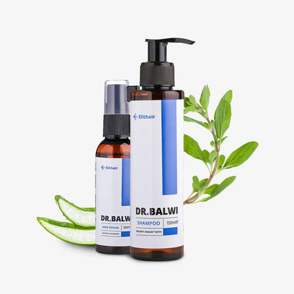 Das Dr. Balwi Shop Shampoo & Spray Set wird neben Aloe Vera Blättern und grünen Stängeln auf weißem Hintergrund präsentiert - perfekt für die Haartransplantation Nachsorge.