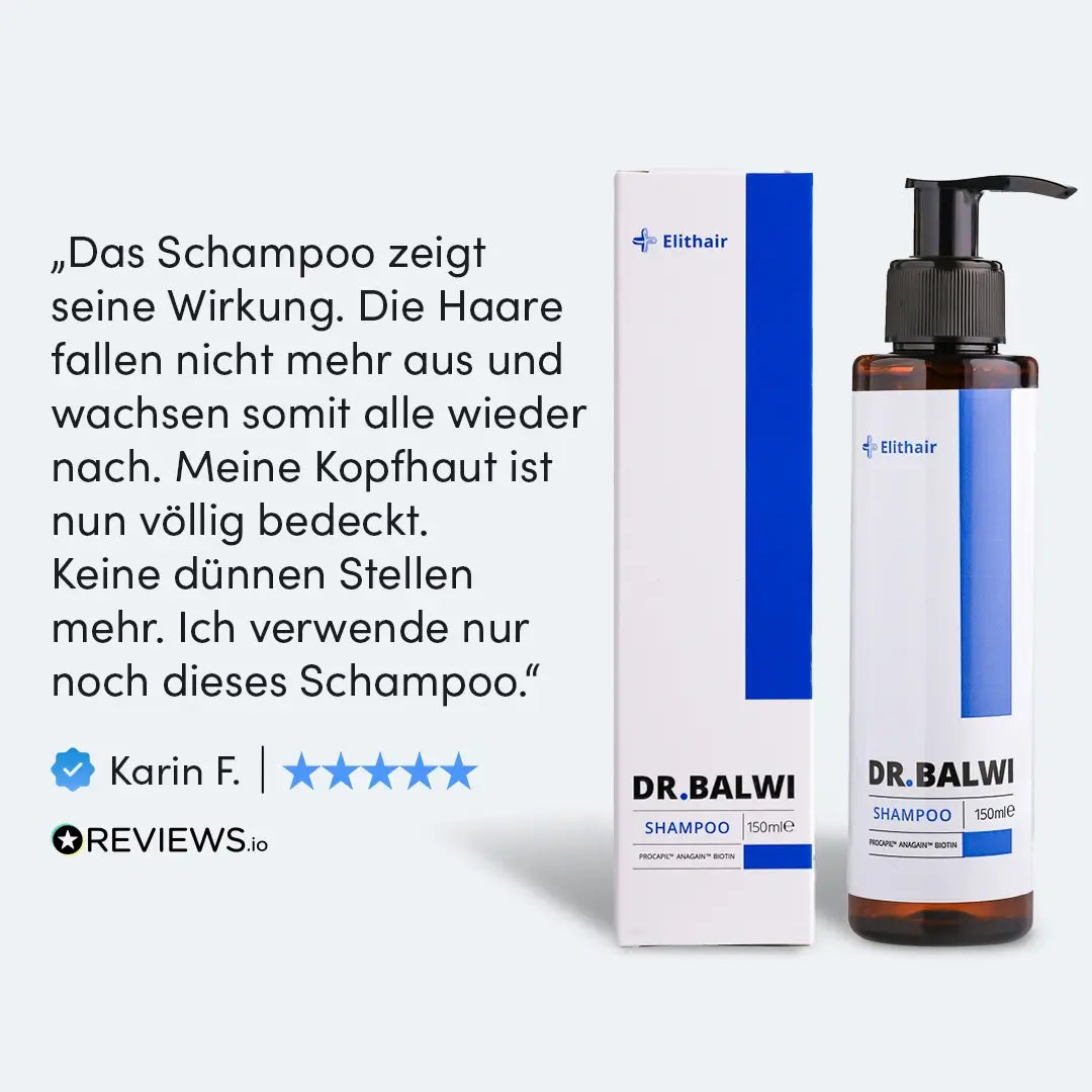 Eine Flasche und eine Schachtel Dr. Balwi Shampoo von Dr. Balwi Shop werden neben einer deutschen Rezension gezeigt, die die Haarausfall-Pflege für gesundes Haarwachstum hervorhebt, mit fünf Sternen und dem Logo von Reviews.io unter dem Text.