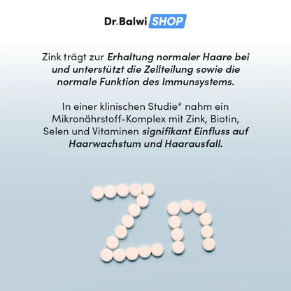 Vor hellblauem Hintergrund steht Text zu Zink Tabletten von Dr. Balwi Shop, die das Haarwachstum und Immunsystem fördern. Unten liegen weiße Tabletten in Form von Haaren, oben ist das Markenlogo "Dr. Balwi Shop".