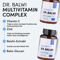 Es sind zwei Flaschen des Multivitamin-Komplexes von Dr. Balwi Shop abgebildet. Der Text hebt Vorteile wie Zink für das Haarwachstum, Vitamin C für gesundes Haar, Reishi-Pilz-Extrakt und Beta-Glucan zur Stärkung des Immunsystems hervor sowie die Förderung des allgemeinen Wohlbefindens, einschließlich gesunder Haut, Haare und Nägel.