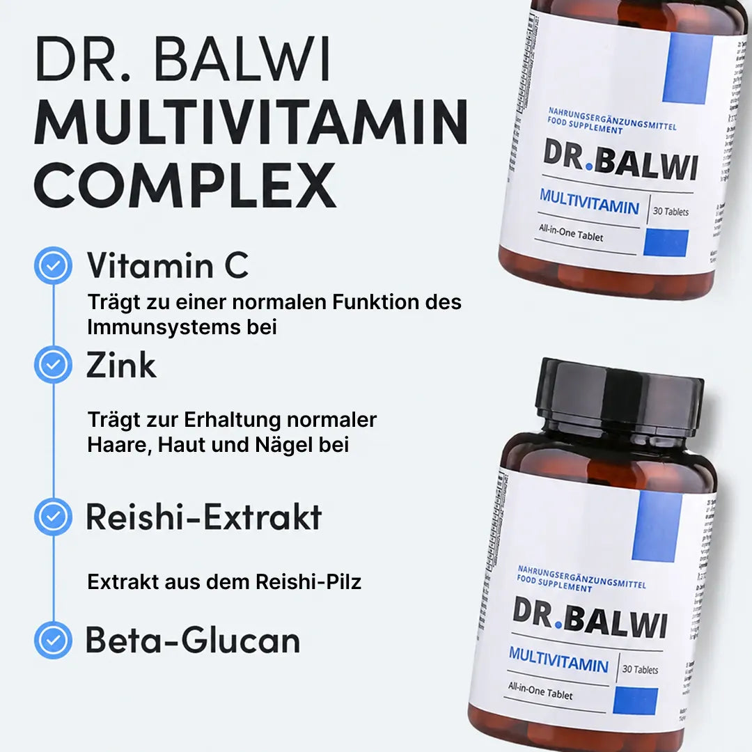 Es sind zwei Flaschen mit der Aufschrift „Dr. Balwi Shop Daily Omega 3“ abgebildet. Der Text listet die Inhaltsstoffe auf: Omega-3, Zink, Reishi-Extrakt, Beta-Glucan und Vitamin C, mit kurzen deutschen Beschreibungen ihrer gesundheitlichen Vorteile und ihrer positiven Wirkung auf das Haarwachstum und gegen Haarausfall.