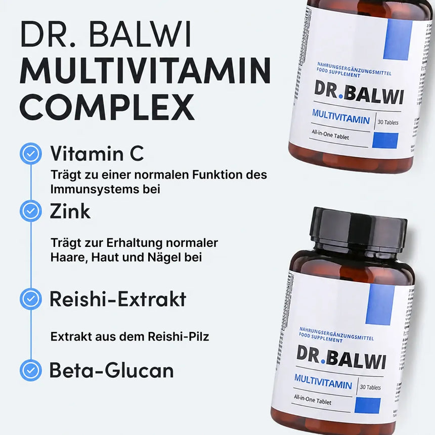 Es sind zwei Flaschen mit der Aufschrift „Dr. Balwi Shop Daily Omega 3“ abgebildet. Der Text listet die Inhaltsstoffe auf: Omega-3, Zink, Reishi-Extrakt, Beta-Glucan und Vitamin C, mit kurzen deutschen Beschreibungen ihrer gesundheitlichen Vorteile und ihrer positiven Wirkung auf das Haarwachstum und gegen Haarausfall.